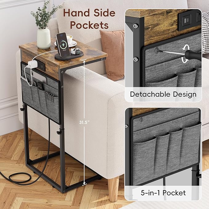 Vagusicc C-Shaped End Table Set of 2 with Charging Station, Small Side Table for Couch, Adjustable Height Couch Side Table, Slide Under Sofa Table TV Tray Tables for Living Room,Bedroom,Bedside, Brown