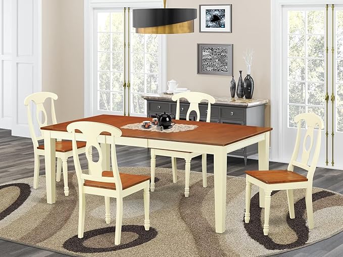 East West Furniture QUKE5-WHI-W 5 Piece Dining Room Furniture Set Includes a Rectangle Wooden Table with Butterfly Leaf and 4 Kitchen Dining Chairs, 40x78 Inch, Buttermilk & Cherry