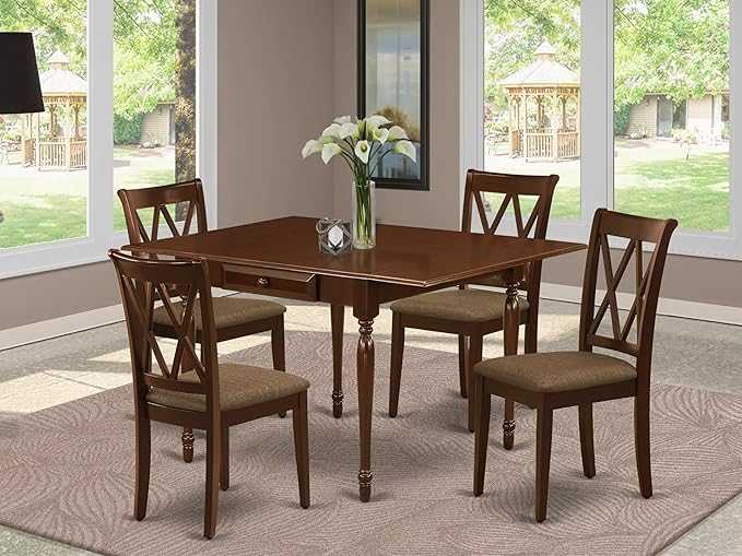 East West Furniture MZCL5-MAH-C 5 Piece Kitchen Table & Chairs Set Includes a Rectangle Dining Room Table with Dropleaf and 4 Linen Fabric Upholstered Chairs, 36x54 Inch, Mahogany