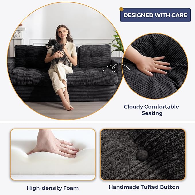 MAXYOYO 3 Seater Couch for Living Room, Boneless Couch with Tufted Cushion & Backrest, Upholstered Floor Sofa with Armrests, Sofa in A Box, No Assembly Required, Black
