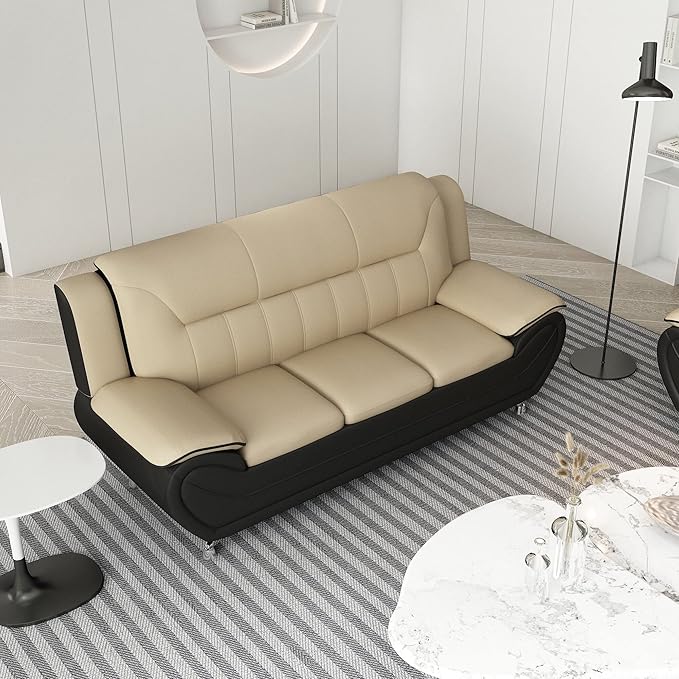 Container Furniture Direct Michael Modern Faux Leather Upholstered Stainless Steel Legs Living Room Sofa, Loveseat, Camel/Black