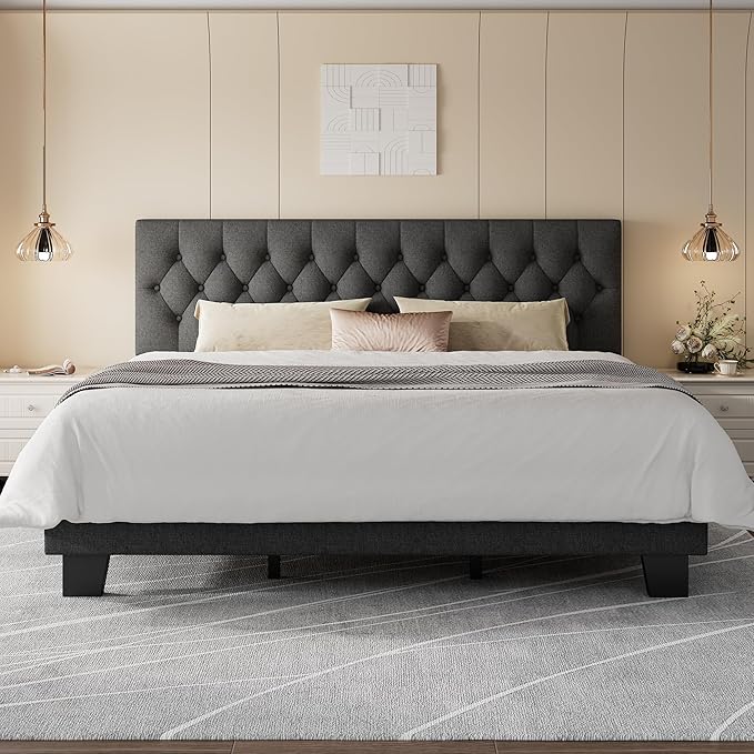 Feonase King Size Platform Bed Frame, Upholstered Bed with Button Tufted Headboard, Heavy Duty Wooden Slats & Thickened Feet, No Box Spring Needed, Noise-Free, Easy Assembly, Dark Grey