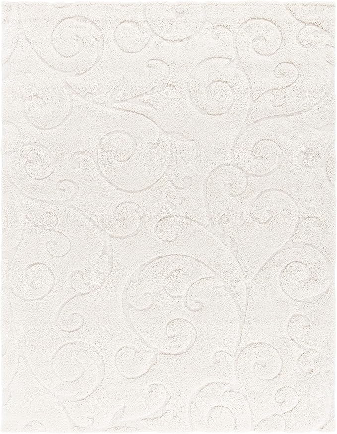 SAFAVIEH Florida Shag Collection Area Rug - 9'6" x 13', Creme & Creme, Scroll Design, Non-Shedding & Easy Care, 1.2-inch Thick Ideal for High Traffic Areas in Living Room, Bedroom (SG455-1111)