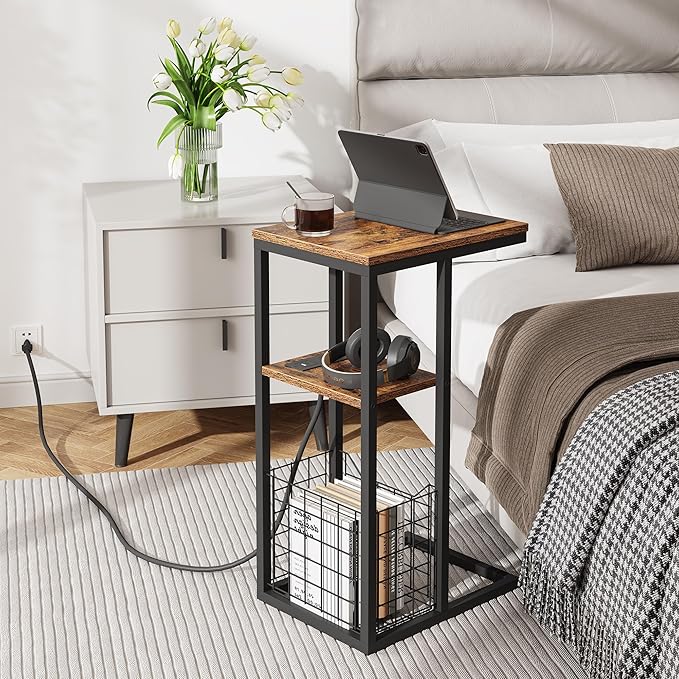 Vagusicc C Shaped End Table with Charging Station, Side Table for Couch, Small Side End Table for Small Spaces, 28" High Slide Under Sofa Table for Coffee, Tv Tray Table for Living Room, Rustic Brown