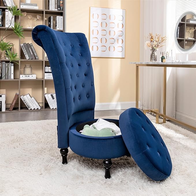 Container Furniture Direct Royal High-Back Velvet Accent Chair for Vanity with Storage and Luxurious Upholstery, Retro Design and Versatile Usage for Living Room, Bedroom, Lounge and Office, Dark Blue