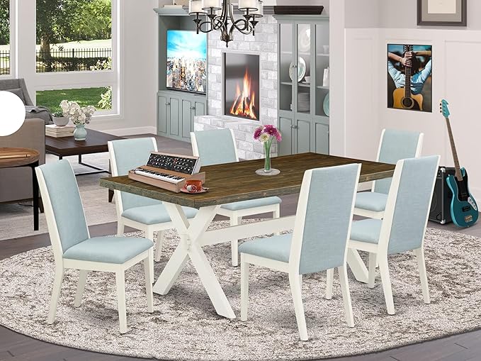 East West Furniture X077LA015-7 7 Piece Dining Room Table Set Consist of a Rectangle Kitchen Table with X-Legs and 6 Baby Blue Linen Fabric Parson Dining Chairs, 40x72 Inch, Multi-Color