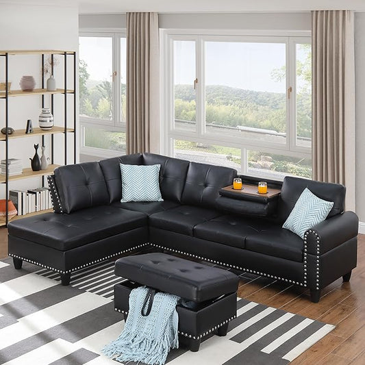 Ball & Cast 98" L Shaped Sectional Couch for Living Room with Chaise & Storage Ottoman,4 Seat Faux Leather Upholstered Modular Sectional Sofa Set 3 PCS W/Cup Holder&Nailhead Trim,for Home,Office,Black
