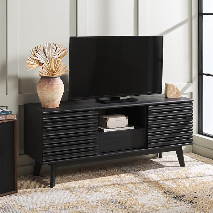 SAFAVIEH ESMA TV Stand for up to 60" Flatscreen – Black, Low Sideboard with 2 Sliding Doors, 1 Open Shelf, 1 Drawer, Entertainment Media Console (MED9638B)