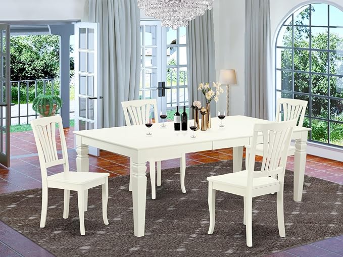 East West Furniture LGAV5-LWH-W 5 Piece Modern Dining Table Set Includes a Rectangle Wooden Table with Butterfly Leaf and 4 Dining Chairs, 42x84 Inch, Linen White
