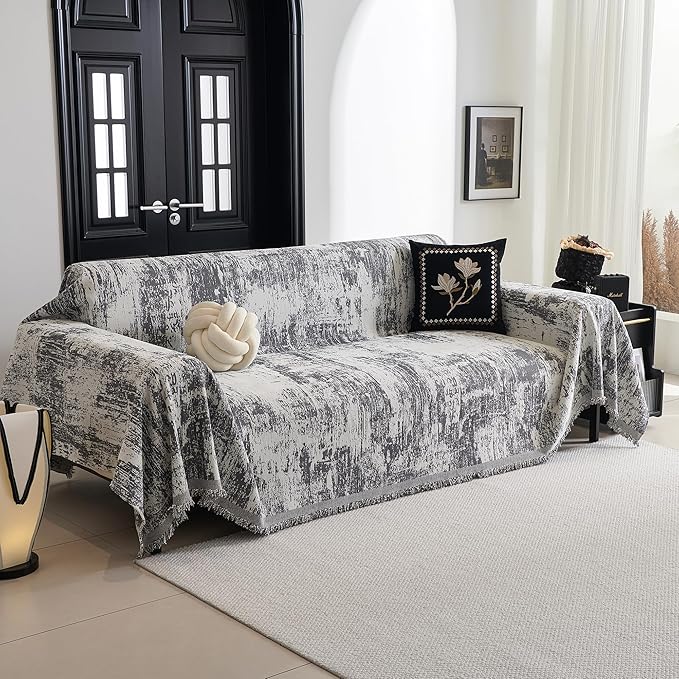 MYSKY HOME Boho Couch Cover for Dogs Washable Deep Grey Abstract Couch Sofa Protector for Loveseat Sofa Pets Friendly Chenille Geometric Sofa Covers Soft Durable Farmhouse Sofa Slipcovers, 71" X102"