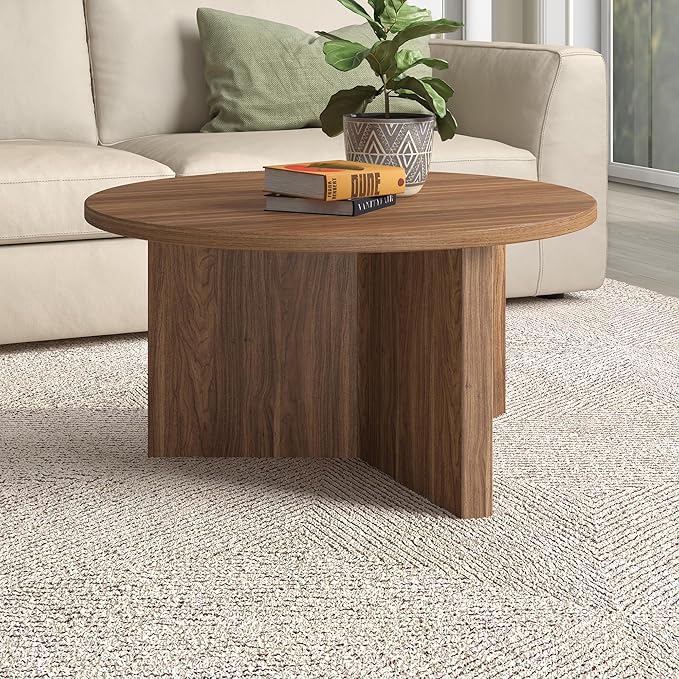 Henn&Hart 32" Round Wood Pedestal Coffee Table for Living Room, Family Room, Office, or Apartment, Satin Walnut