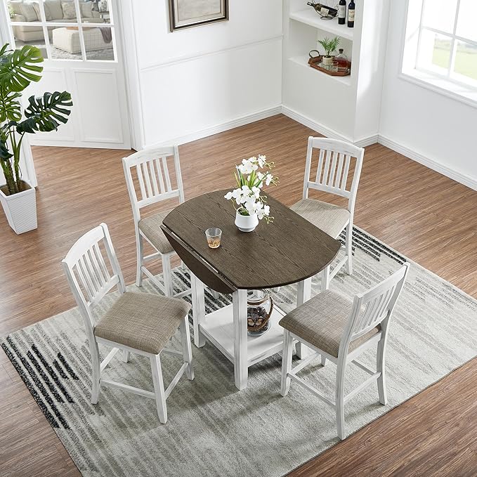 Ball & Cast 5 Pieces Dining Table Set with 4 Chairs and 42" Round Drop Leaf Dining Table,Kitchen Table and Chairs for 4 W/Trestle Table Base,for Small Space,Apartment,Dining Room,Brown White
