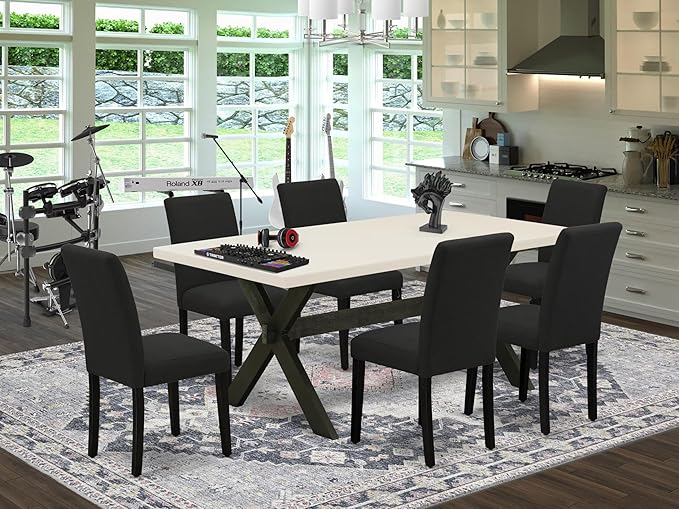 East West Furniture X627AB624-7 7 Piece Dining Room Furniture Set Consist of a Rectangle Dining Table with X-Legs and 6 Black Color Linen Fabric Upholstered Chairs, 40x72 Inch, Multi-Color