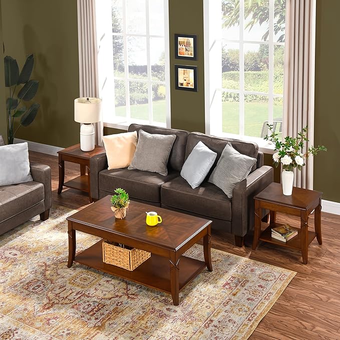 Mid-Century Modern Coffee Table Set of 3, 3-Piece Solid Wood Living Room Table Set, Coffee Table with 2 Square End Side Tables, Cherry Walnut Home Furniture for Apartment KFZ-DR200-3