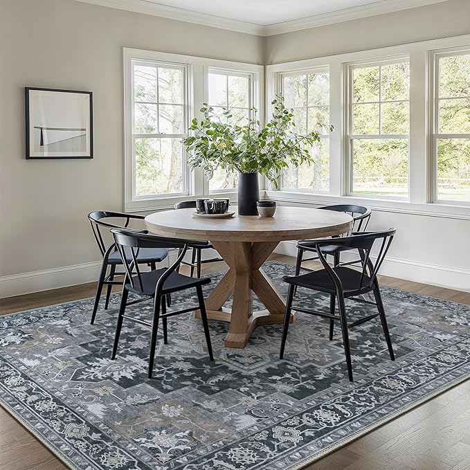 GENIMO 10x14 Area Rugs for Living Room, Machine Washable Non Slip Vintage Rugs, Low Pile Lightweight Chenille Print Rug for Bedroom, Dining Room, Home Office,Dark Gray