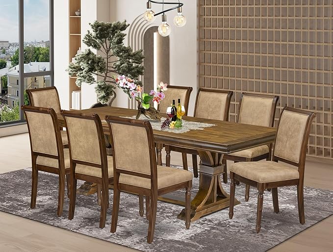 LECY9-AWA-28 9-Piece Dining Room Set Consists of a Dining Table and 8 Beige Polyester Fabric Kitchen Chairs with High Back - Antique Walnut Finish
