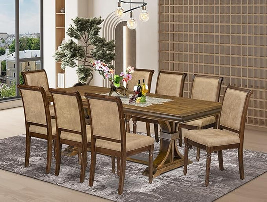 LECY9-AWA-28 9-Piece Dining Room Set Consists of a Dining Table and 8 Beige Polyester Fabric Kitchen Chairs with High Back - Antique Walnut Finish
