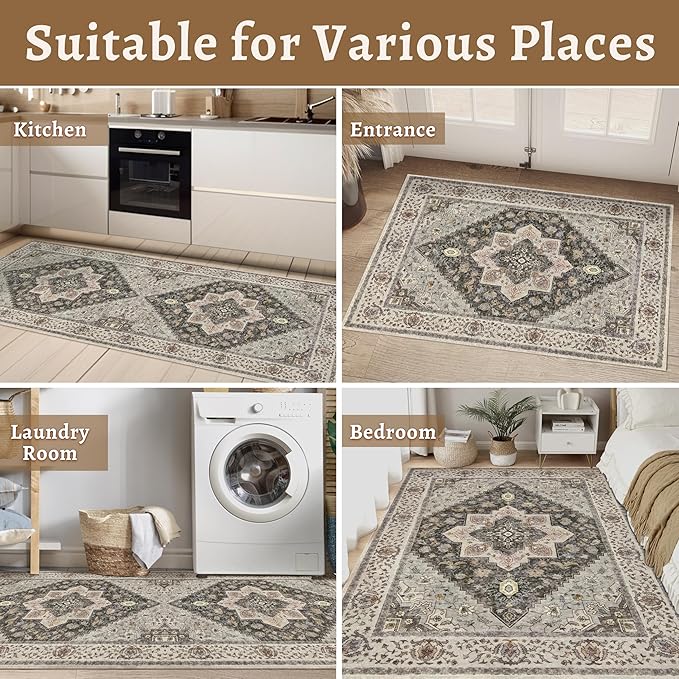Tangsoo 2x3 Washable Rugs for Entryway, Vintage Non Slip Small Area Rug, Indoor Front Door Rug, Door Mat Small Carpet, Soft Low Pile Entry Rug for Entrance Kitchen Bedroom Print Distressed Grey/Brown