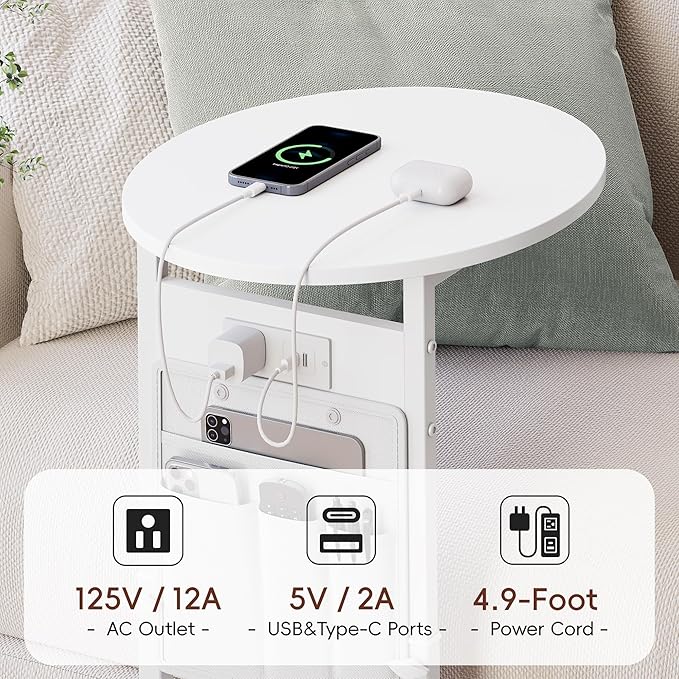 Vagusicc C Shaped End Table with Charging Station, 32" Tall Side Table for Couch and Recliner, Adjustable Height Small Couch Side Table Slide Under Sofa TV Tray Table for Living Room, Bedroom, White