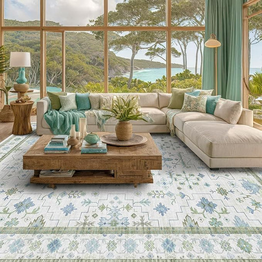 Blue and Green Living Room Rug 7x10 - Cream Oushak Vintage Boho Floral Farmhouse, Washable Low Pile Non-Slip Extra Large Area Rugs for Bedroom, Kids, Lounge