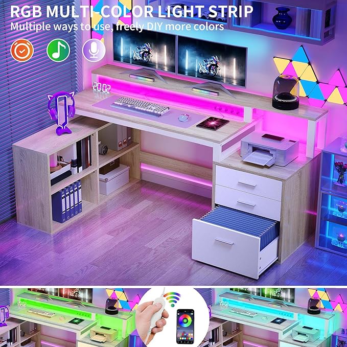 DWVO L Shaped Desk with Drawers, 65" Computer Desk with Power Outlets & LED Lights, Corner Home Office Desk with Storage Shelves & Printer Stand, White & Oak