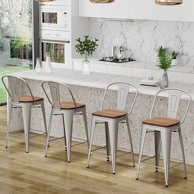 Changjie Furniture 24 Inches Metal Barstools Set of 4 Counter Height Bar Stools Industrial Stools with Backs High Back Chairs for Kitchen Island (24 Inch, Silver)
