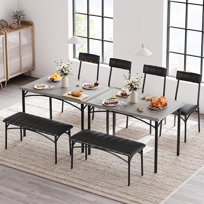 Garvee Dining Table Set for 4, Kitchen Table with Upholstered Bench and 2 Chairs, 4-Piece Wooden Dining Table Set for Apartment, Dining Room, Small Space, Gray