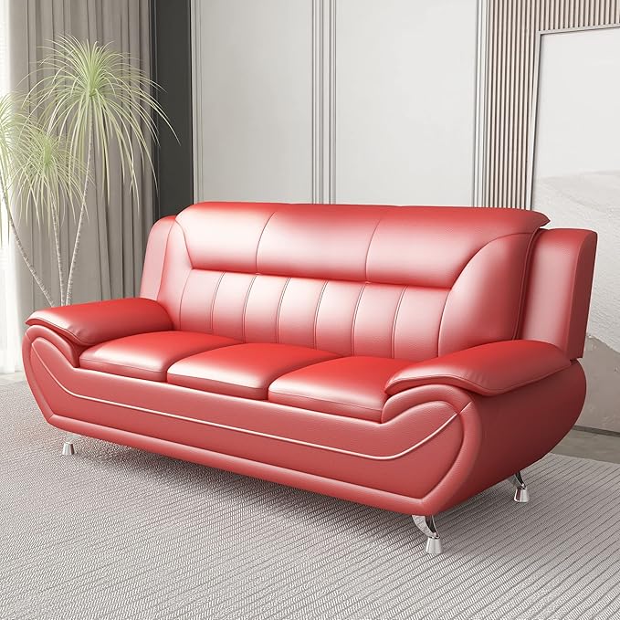 Container Furniture Direct Michael Modern Faux Leather Upholstered Stainless Steel Legs Living Room Sofa, Red