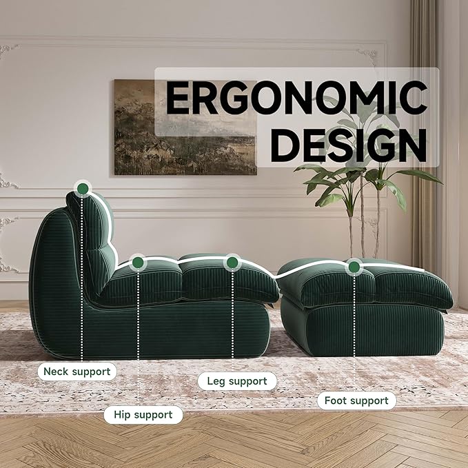 Bean Bag Chair with Ottoman, Cozy Comfy Reading Nook Chairs, Ultra Soft Corduroy Fabric Bean Bag Chairs for Adults, Reading Chair with Ottoman for Living Room, Bedroom Apartment (Green)