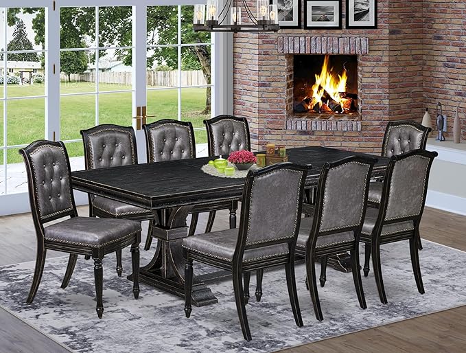 LEMA9-SBB-34, 9-pc Dining Table Set Consists of a Dining Table and 8 Dark Grey Polyester Fabric Modern Dining Chairs with Button Tufted Back, Sand Blasting Black Finish
