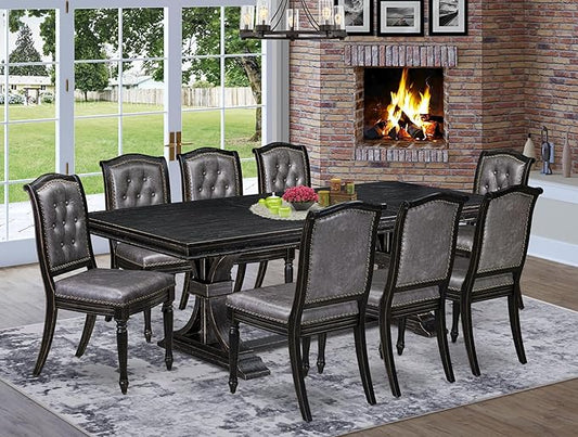 LEMA9-SBB-34, 9-pc Dining Table Set Consists of a Dining Table and 8 Dark Grey Polyester Fabric Modern Dining Chairs with Button Tufted Back, Sand Blasting Black Finish