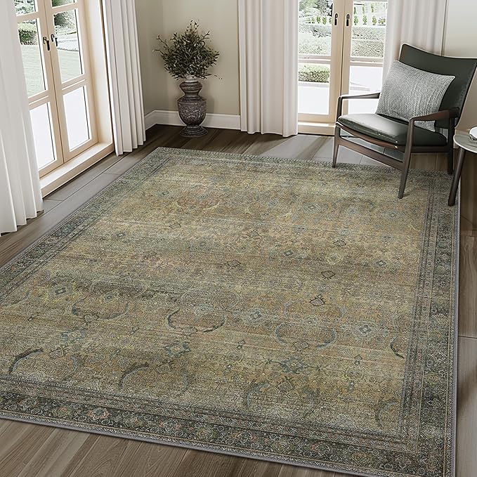 10X14 Area Rugs Machine Washable Rugs for Living Room, Vintage Boho Large Rugs for Bedroom Dining Room, Non Slip Indoor Soft Distressed Lightweight Thin Low Pile Carpet, Vintage Sunset