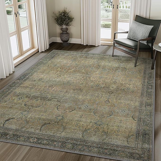 10X14 Area Rugs Machine Washable Rugs for Living Room, Vintage Boho Large Rugs for Bedroom Dining Room, Non Slip Indoor Soft Distressed Lightweight Thin Low Pile Carpet, Vintage Sunset