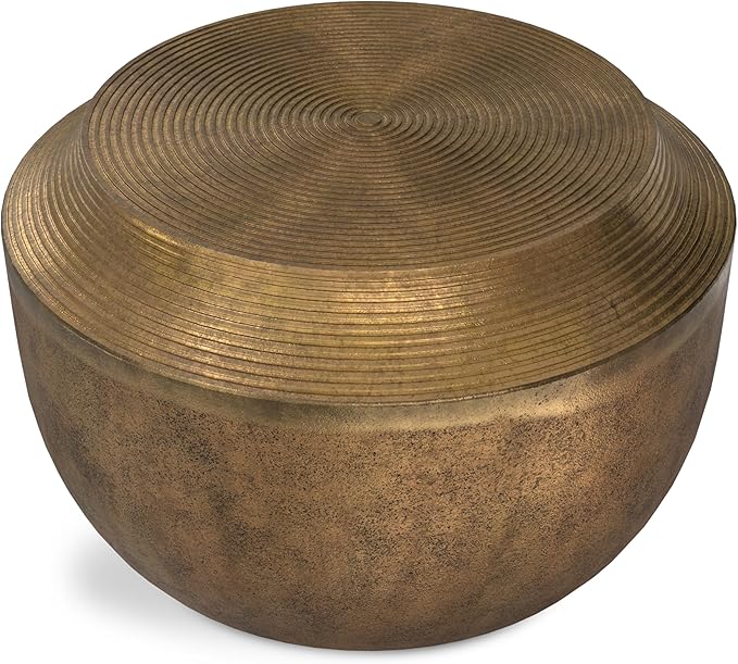 SIMPLIHOME Timmons Coffee Table - 21 inch Wide Cast Aluminum Round Living Room Table in Antique Brass, Industrial Center Table for Compact Spaces with Sculptural Base and Raised Tabletop, Assembled