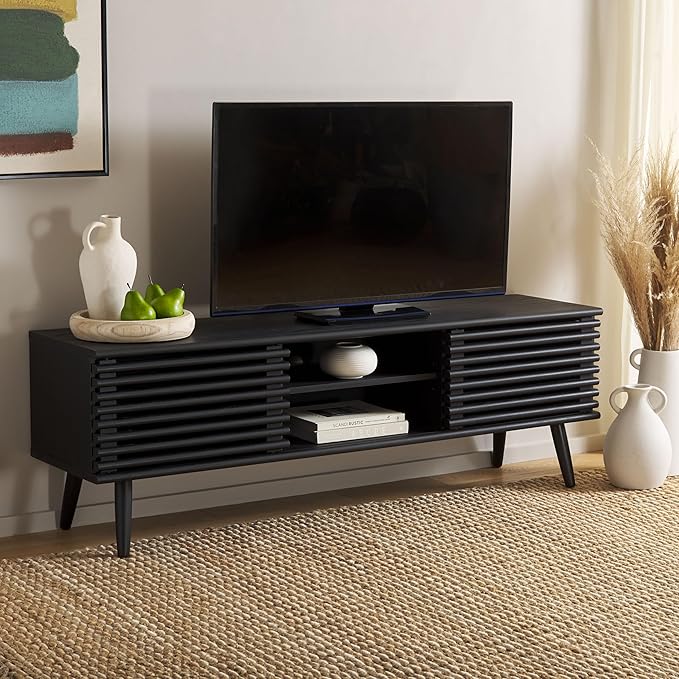 SAFAVIEH Averi TV Stand for up to 65" Flatscreen – Black, 2 Sliding Doors with Interior Storage, 2 Open Shelves, Entertainment Media Console (MED9637B)