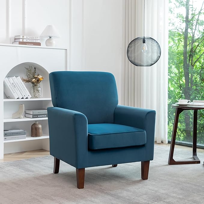 Container Furniture Direct Contemporary Accent Arm Chair with Birch Wood Frame and Velvet Upholstery, Armchair for Office and Living Room Decor, Removable Cushions, Greenish Blue