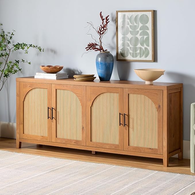 Walker Edison Sasha 4-Door Reeded Sideboard Buffet with Cord Management, 70 Inch, English Oak