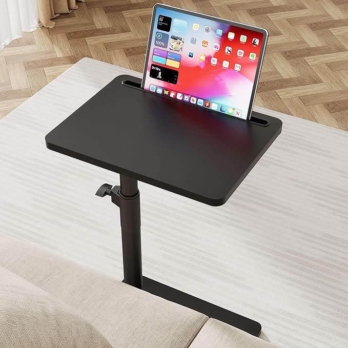 Sofa Armrest Tray Table for Couch - 360° Swivel Height Adjustable End for Small Spaces, Snack Side Table for Bed or Chair with Phone & Tablet Slot (Black,Standard)