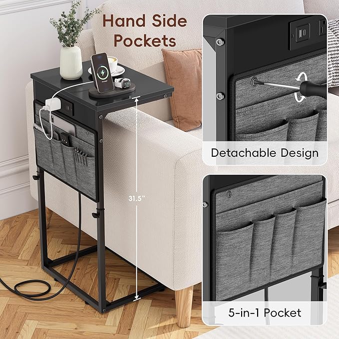 Vagusicc C-Shaped End Table Set of 2 with Charging Station, Small Side Table for Couch, Adjustable Height Couch Side Table, Slide Under Sofa Table TV Tray Tables for Living Room,Bedroom,Bedside, Black