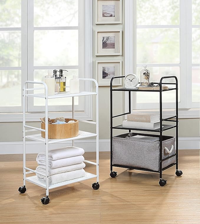 SunnyPoint 3-Tier Rolling Utility Cart – Metal Storage Organizer with Wheels, Mobile Kitchen Cart, Office & Home Organizer, White, 12" D x 16.92" W x 31.1" H