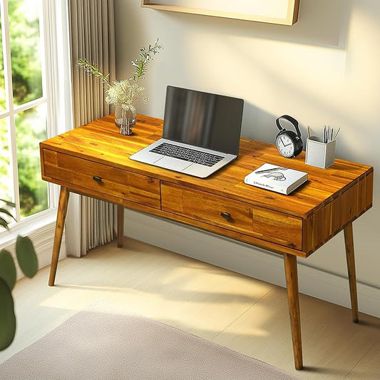 Acacia Lagom 48" Solid Wood Work Desk with Drawers, Office Furniture, Scandinavian Style Work Table for Home Office (Caramel)