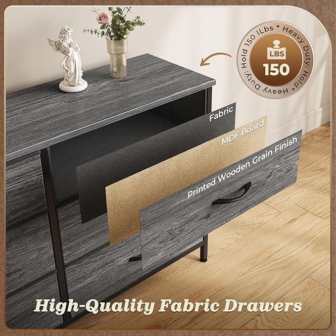 Huuger 70 Inch Dresser for Bedroom, TV Stand for 65, 75, 80 Inch TV, 13 Fabric Drawer Long Dresser, Large Entertainment Center for Bedroom, Wide Chest of Drawer with Storage, Grey