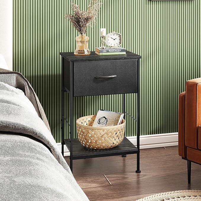 WLIVE Night Stand Set 2, Black Nightstand with Fabric Storage Drawer and Open Wood Shelf, Nightstand Set of 2 with Steel Frame, Side Table for Bedroom, Dorm, Charcoal Black, 25.03" Height