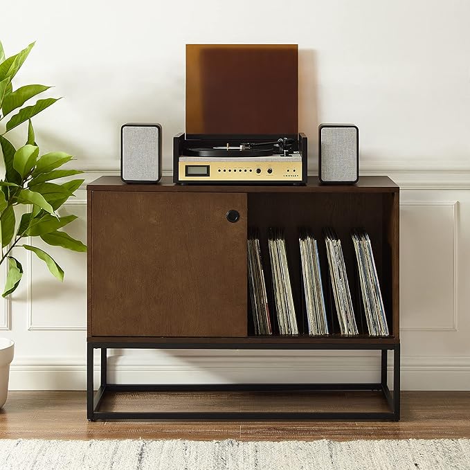 Crosley Furniture Byron Media Console and Record Player Stand with Storage for Vinyl Records, Brown/Black