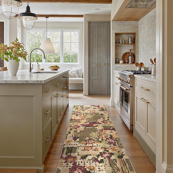 GENIMO Floral Runner Rug 2X6, Machine Washable Non Slip Vintage Patchwork Hallway Runner, Ultra-Thin Low Pile Runners for Indoor Entryway, Hallway, Kitchen and Corridor, Auburn Cinnamon