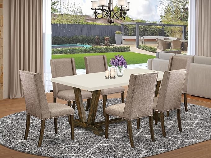 East West Furniture V727FL716-7 7 Piece Dining Room Table Set Consist of a Rectangle Kitchen Table with V-Legs and 6 Dark Khaki Linen Fabric Parson Dining Chairs, 40x72 Inch, Multi-Color