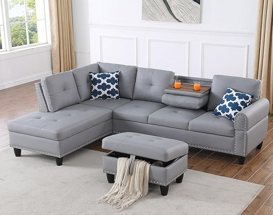 Ball & Cast 98" L Shaped Sectional Couch for Living Room with Storage Ottoman&Nailhead Trim,4 Seat Faux Leather Upholstered Modular Sectional Sofa Set 3 PCS W/Chaise&Cup Holders,for Home,Office,Gray