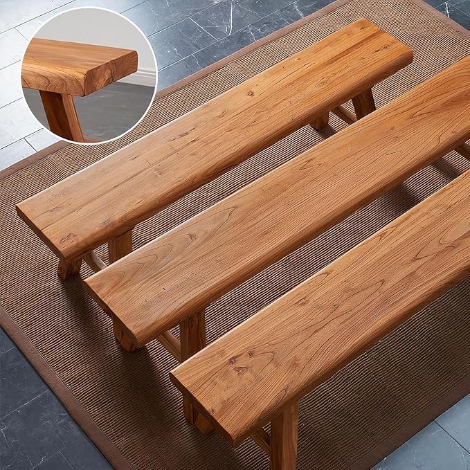 Farmhouse Wood Bench Indoor - 55.2Inch entryway Bench, Natural Solid Wood, Durable and Sturdy, Suitable for Dining Room, Bedroom, Porch and Other Narrow Spaces