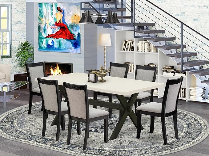 East West Furniture X627MZ606-7 7 Piece Kitchen Table Set Consist of a Rectangle Dining Table with X-Legs and 6 Shitake Linen Fabric Parsons Dining Chairs, 40x72 Inch, Multi-Color