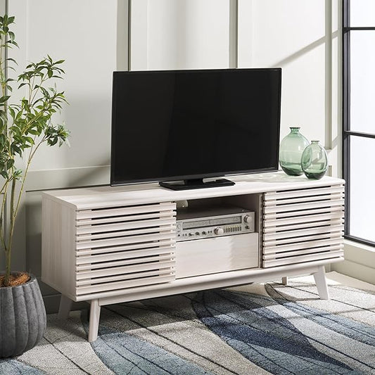 SAFAVIEH ESMA TV Stand for up to 60" Flatscreen – Bleached White, Low Sideboard with 2 Sliding Doors, 1 Open Shelf, 1 Drawer, Entertainment Media Console (MED9638C)